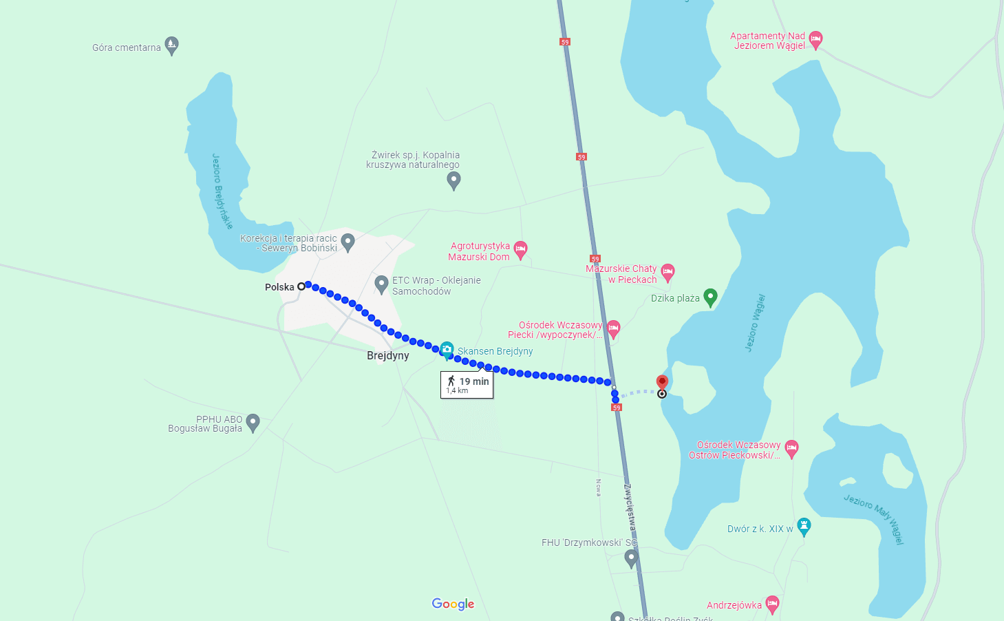 Mapa pokazująca drogę dojazdową do plaży nad Jeziorem Wągiel z JezioroSfery